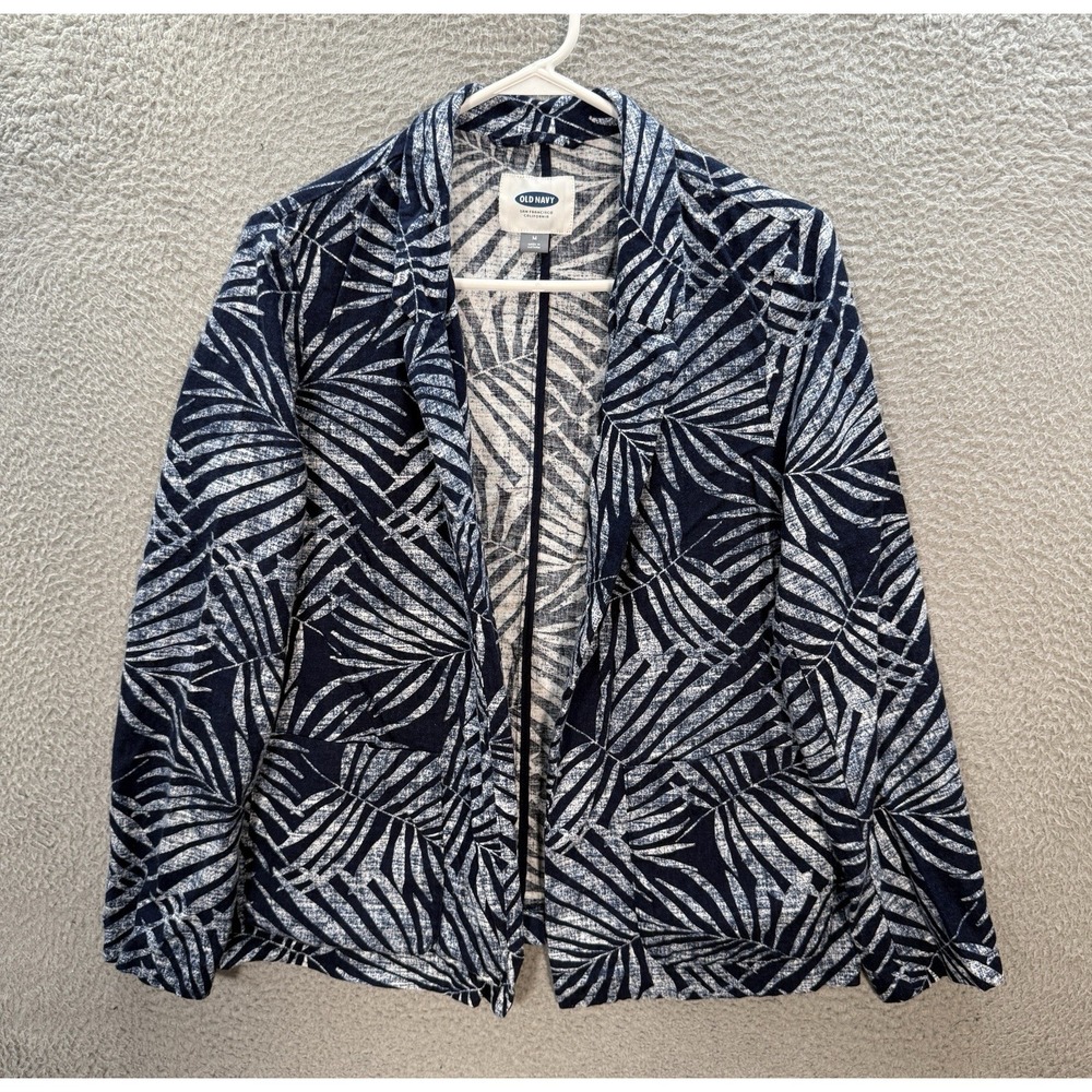 Old Navy Jacket Womens Medium Blue White Floral Linen Blend Nautical Coastal